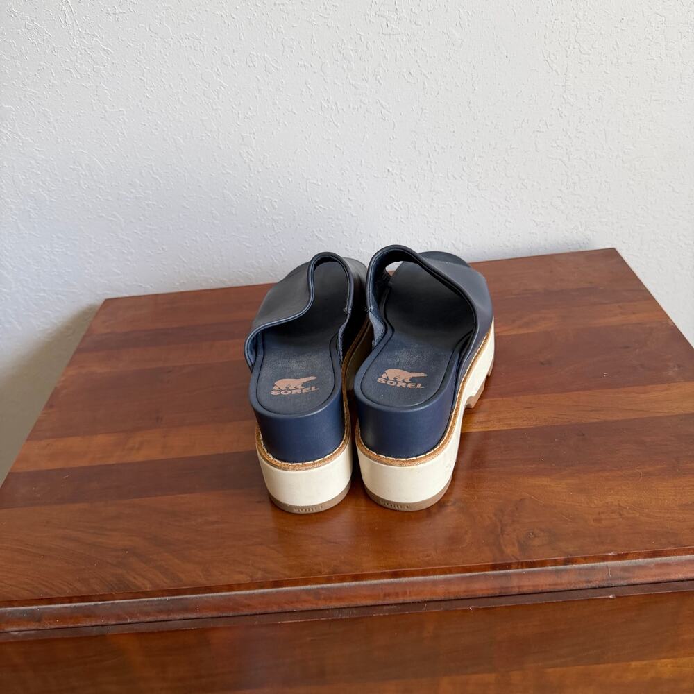 Sorel Joanie IV Slide Wedge Sandal Navy Blue Leather Platform Slip On Womens 9.5 - Picture 4 of 7